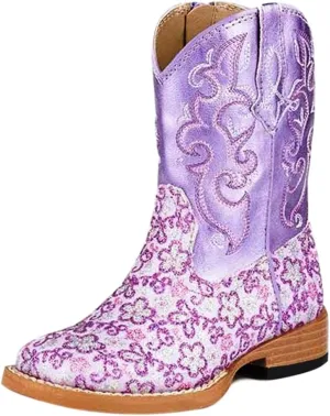 ROPER Tin Haul Toddler Girls Lavender Glitter Floral Square Toe Casual Boots Mid Calf - Purple