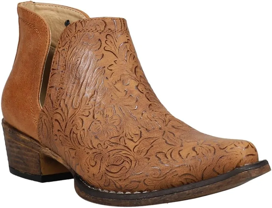 ROPER Womens Ava Embossed Snip Toe Pull On Casual Boots Ankle Low Heel 1-2" - Brown