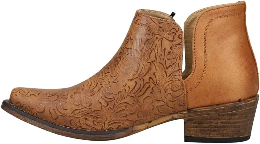 ROPER Womens Ava Embossed Snip Toe Pull On Casual Boots Ankle Low Heel 1-2" - Brown