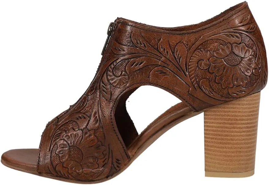 ROPER Womens Mika Floral Embossed Peep Toe Zippered Shootie Pumps Dress Casual Casual Mid Heel 2-3" - Brown