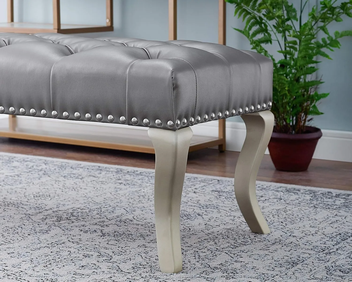 Roundhill Furniture Maxem Tufted Faux Leather Upholstered Seat with Nailhead Trim Bench, Champagne