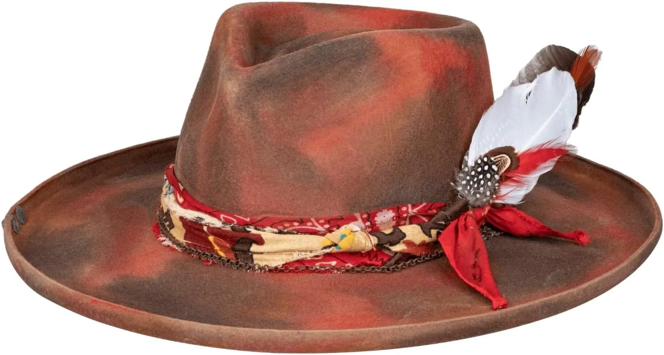 RUEDIGER Retro Wide Brimmed Stiff Fedora Men's and women's Hats,100% Wool Classic Felt Hat,Distressed/Burned Handmade
