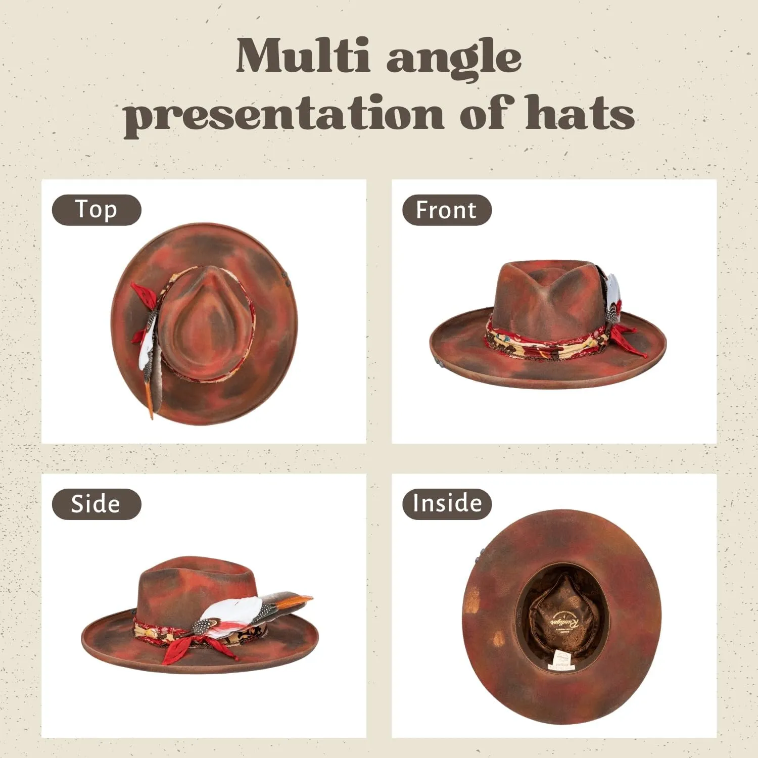 RUEDIGER Retro Wide Brimmed Stiff Fedora Men's and women's Hats,100% Wool Classic Felt Hat,Distressed/Burned Handmade