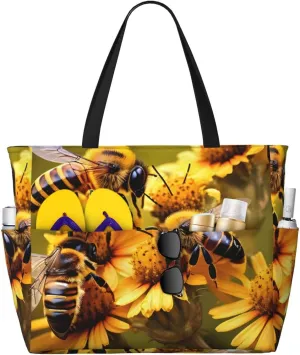 Rural Honey Bees flowers print Large Capacity Beach Travel Bag, Reusable Grocery Bag, Beach Bag