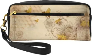 Rural Honey Bees Flowers Print Portable Makeup Bag,Travel-Friendly Design,Versatile Mini Makeup Pouchtion