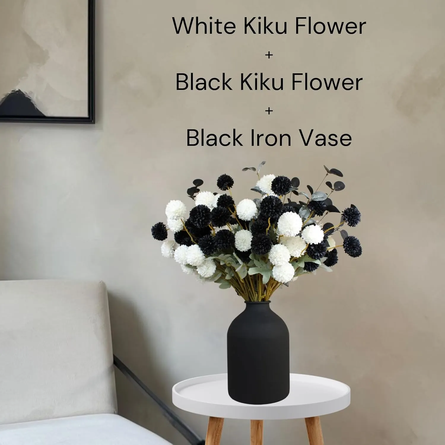 RyddeligHome Black Artificial Flowers for Centerpieces Bulk 10 Long Stems /50 Small Faux Silk Mum Balls   Black Eucalyptus Stems 2 Branches, Fall Boho Halloween Home Decor Indoor, Gothic Flowers