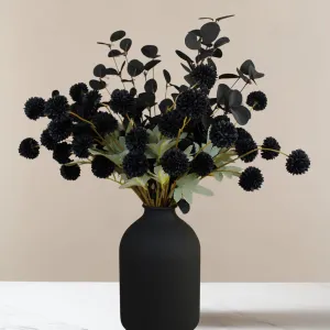 RyddeligHome Black Artificial Flowers for Centerpieces Bulk 10 Long Stems /50 Small Faux Silk Mum Balls   Black Eucalyptus Stems 2 Branches, Fall Boho Halloween Home Decor Indoor, Gothic Flowers