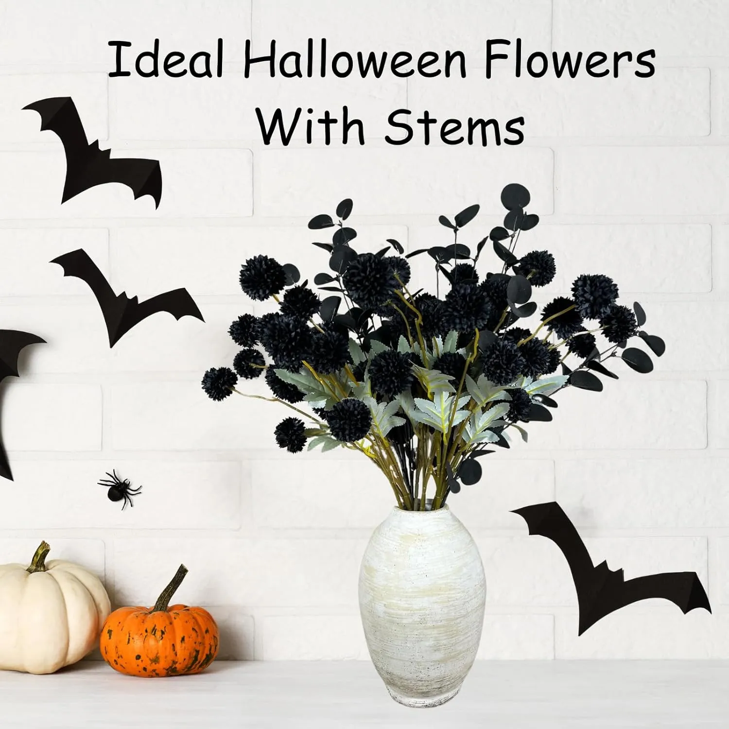RyddeligHome Black Artificial Flowers for Centerpieces Bulk 10 Long Stems /50 Small Faux Silk Mum Balls   Black Eucalyptus Stems 2 Branches, Fall Boho Halloween Home Decor Indoor, Gothic Flowers