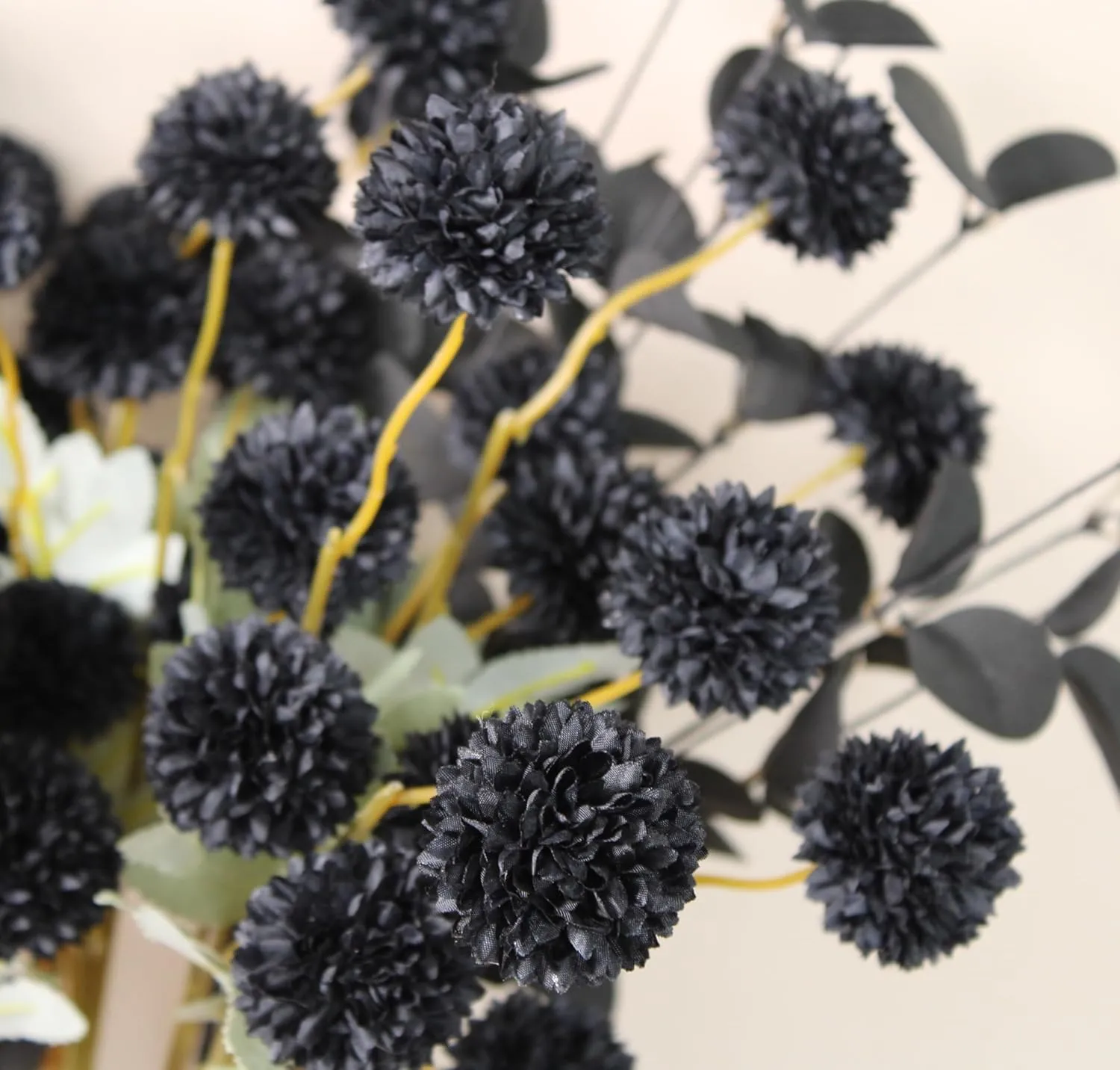 RyddeligHome Black Artificial Flowers for Centerpieces Bulk 10 Long Stems /50 Small Faux Silk Mum Balls   Black Eucalyptus Stems 2 Branches, Fall Boho Halloween Home Decor Indoor, Gothic Flowers
