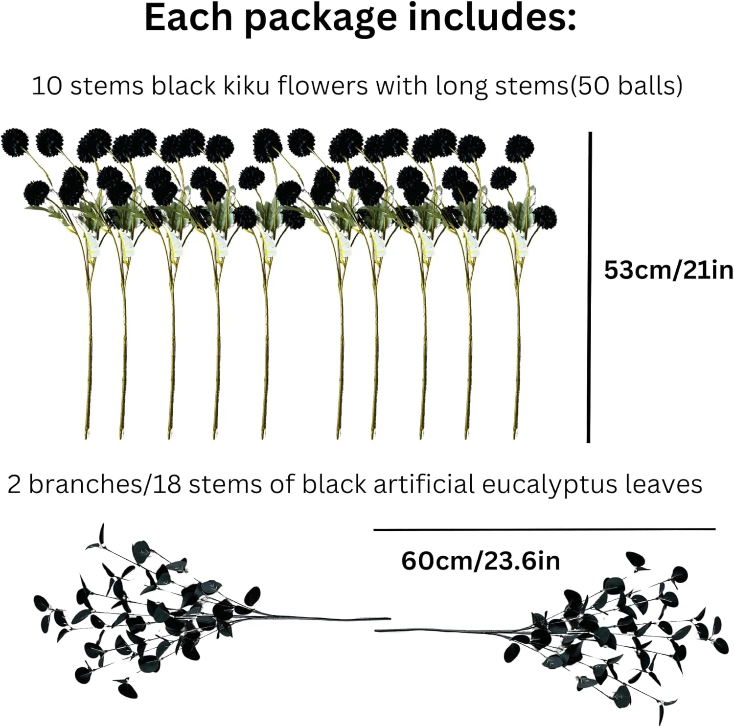 RyddeligHome Black Artificial Flowers for Centerpieces Bulk 10 Long Stems /50 Small Faux Silk Mum Balls   Black Eucalyptus Stems 2 Branches, Fall Boho Halloween Home Decor Indoor, Gothic Flowers