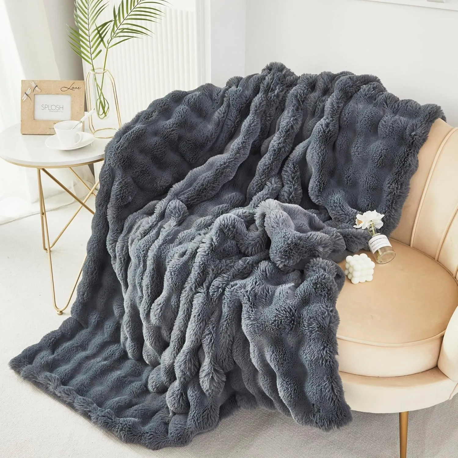 RYNGHIPY Faux Fur Throw, Double-Sided Thick and Warm Blanket for Couch, Plush Fluffy Faux Rabbit Fur Decoration for Sofa, Chair, Bed; Cozy Winter Blanket (Dark Grey, 51''x63'')