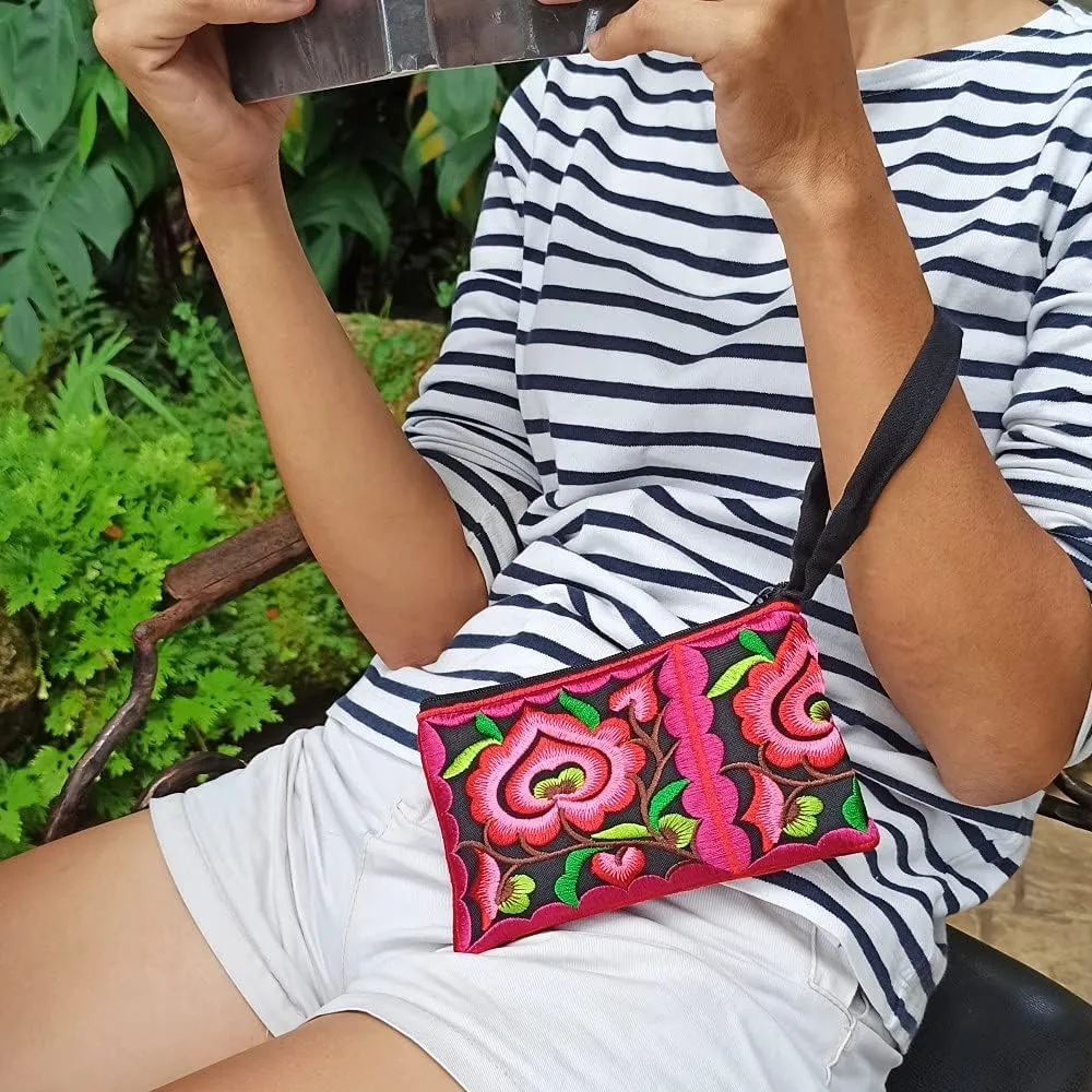 Sabai Jai - Mini Floral Wristlet Wallet for Women - Small Handmade Boho Change Purse Pouch (Pink/Black)