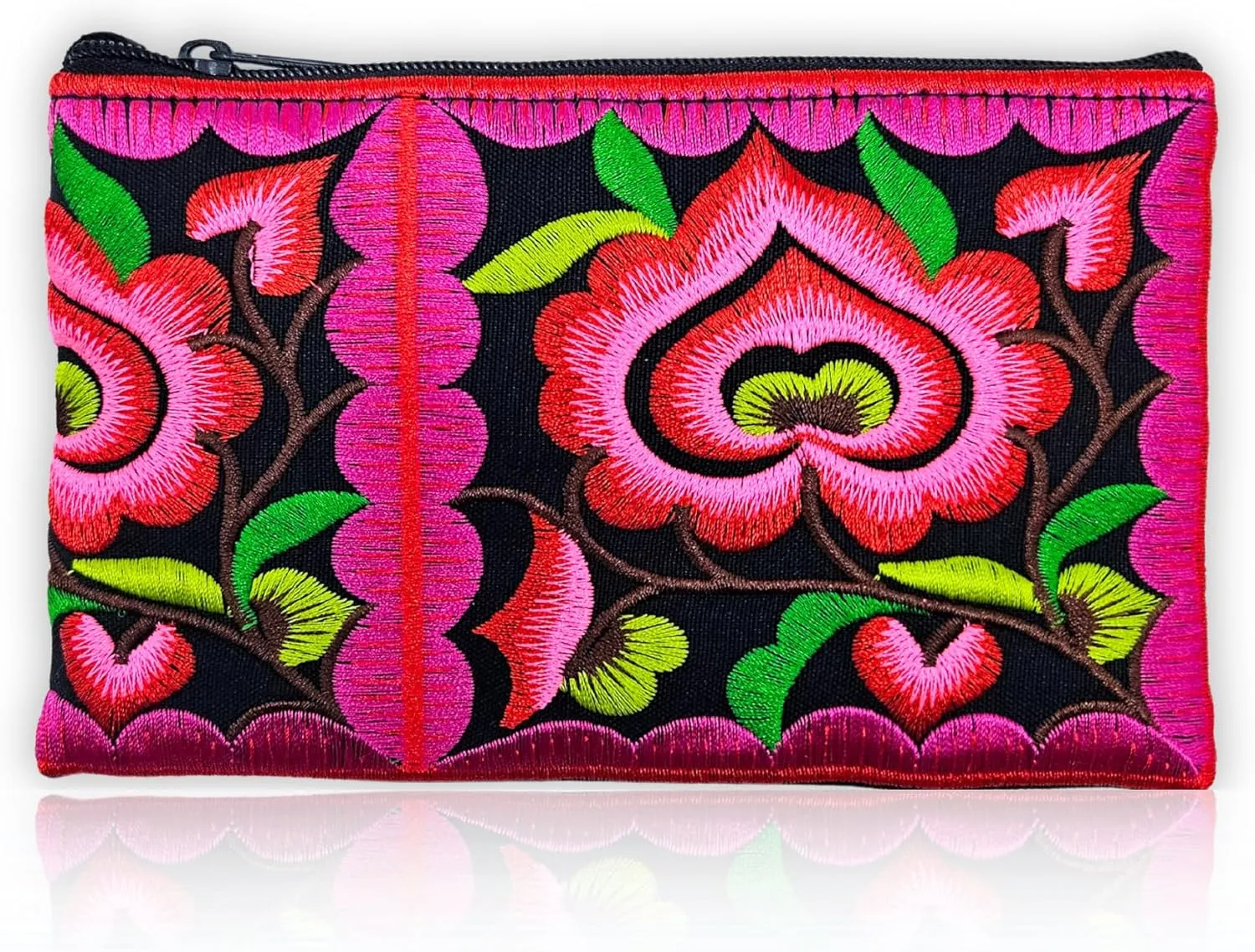 Sabai Jai - Mini Floral Wristlet Wallet for Women - Small Handmade Boho Change Purse Pouch (Pink/Black)