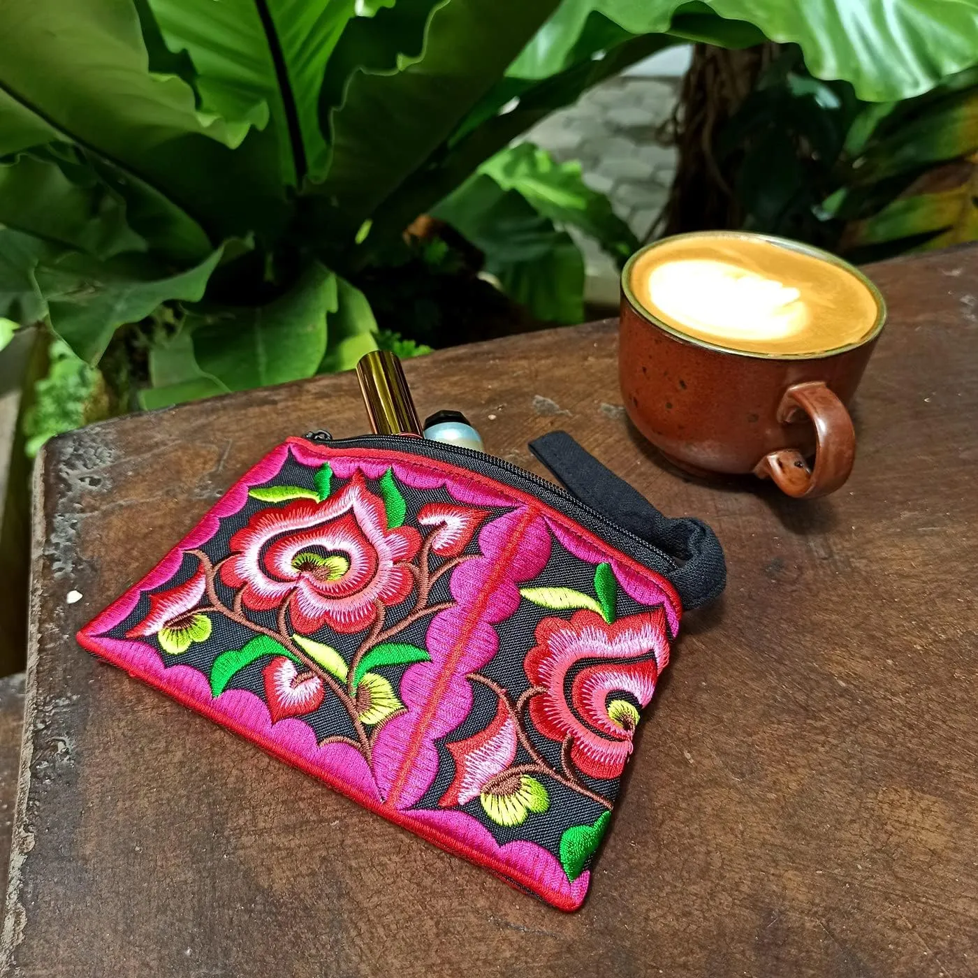Sabai Jai - Mini Floral Wristlet Wallet for Women - Small Handmade Boho Change Purse Pouch (Pink/Black)