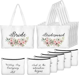 Sanwuta 6 Set Bridesmaid Tote Gift Bags Bridesmaid Canvas Purse for Women Canvas Gift Containers with Makeup Bag Large Beach Tote Containers for Wedding Travel Mom Women Teacher(Floral Pattern)