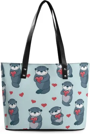 Sea Otters with Hearts Women's Handbag Fashion Shoulder Bag Purse Leather Tote Bags Crossbody Travel