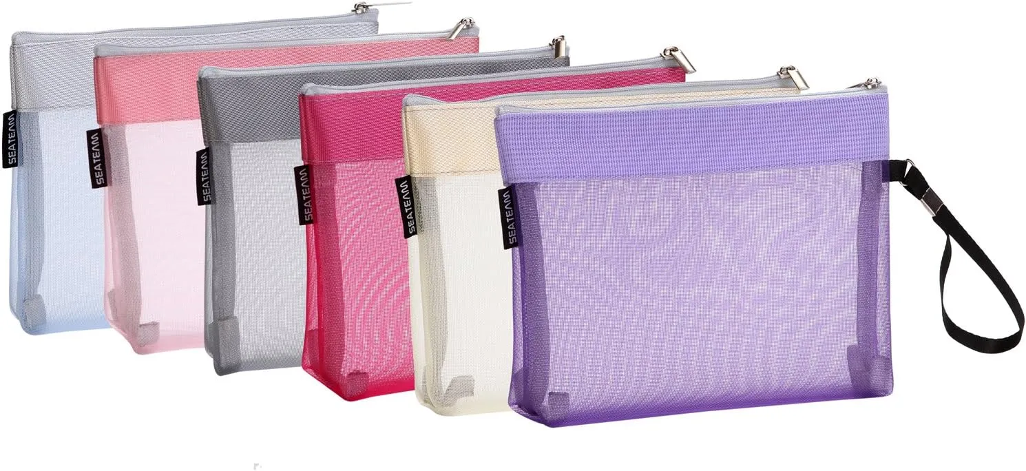 Sea Team 6pcs Multicolored Portable Travel Toiletry Pouch Nylon Mesh Cosmetic Makeup Organizer Bag with Zipper (ST-CB0616)