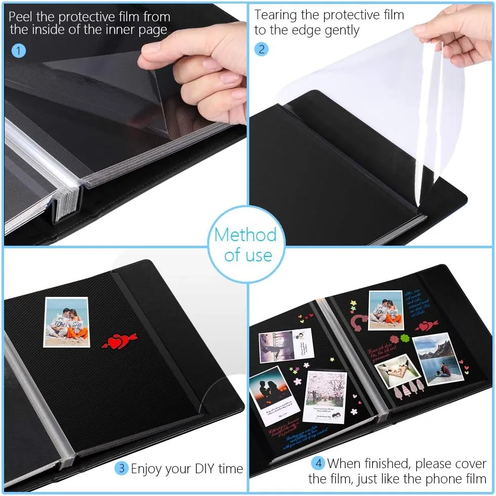 Self-Adhesive Photo Album, 60 Black Pages Self-Stick Page DIY Anniversary Travel Memory Book, Leather Cover, Magnetic Scrapbook Family Album for Christmas, Birthday, Valentine’s Day Gifts