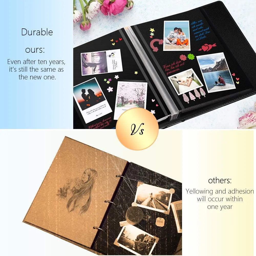 Self-Adhesive Photo Album, 60 Black Pages Self-Stick Page DIY Anniversary Travel Memory Book, Leather Cover, Magnetic Scrapbook Family Album for Christmas, Birthday, Valentine’s Day Gifts
