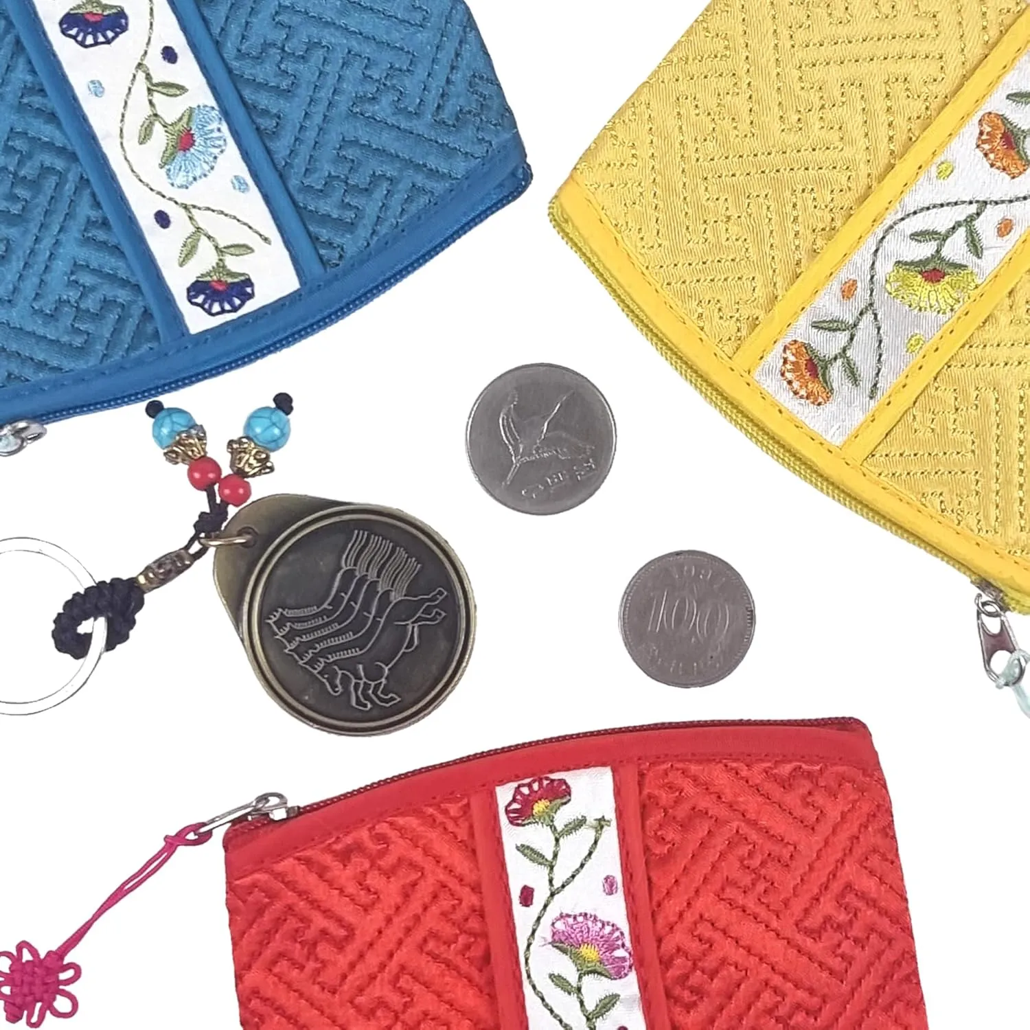 Seoulful Vintage Korean Embroidered Card Pouch - Wildflower Design Coin Purse with Butterfly Charm (Green)