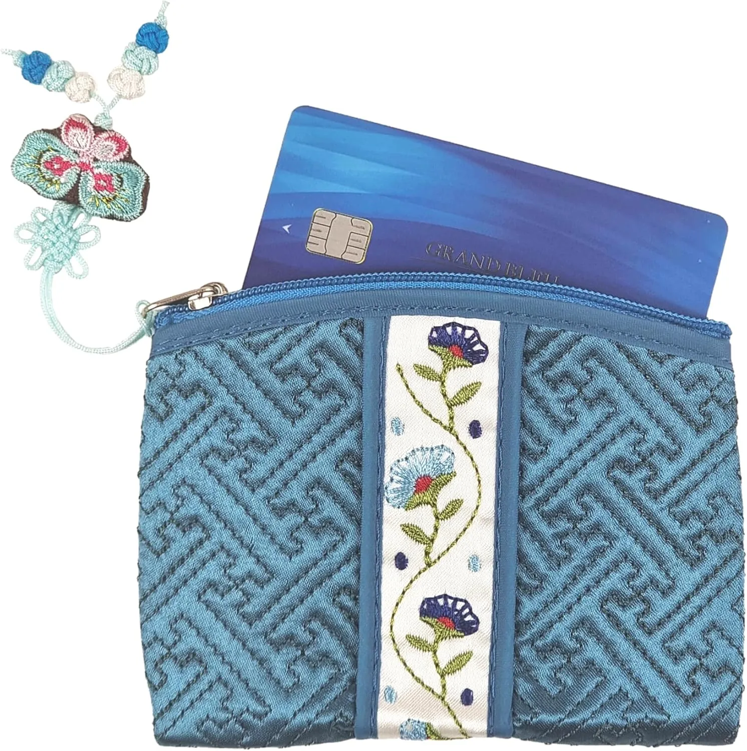 Seoulful Vintage Korean Embroidered Card Pouch - Wildflower Design Coin Purse with Butterfly Charm (Green)
