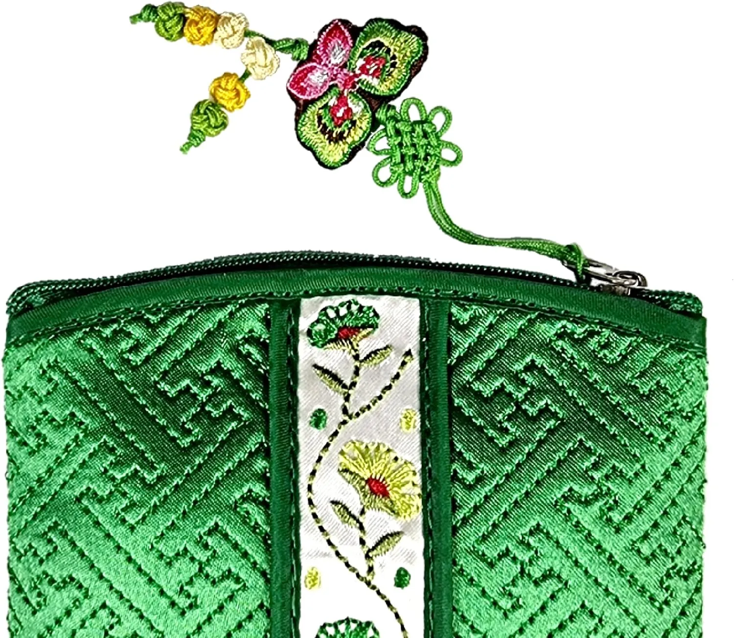 Seoulful Vintage Korean Embroidered Card Pouch - Wildflower Design Coin Purse with Butterfly Charm (Green)