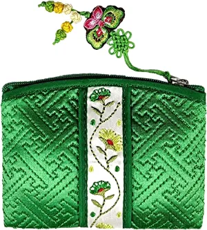 Seoulful Vintage Korean Embroidered Card Pouch - Wildflower Design Coin Purse with Butterfly Charm (Green)