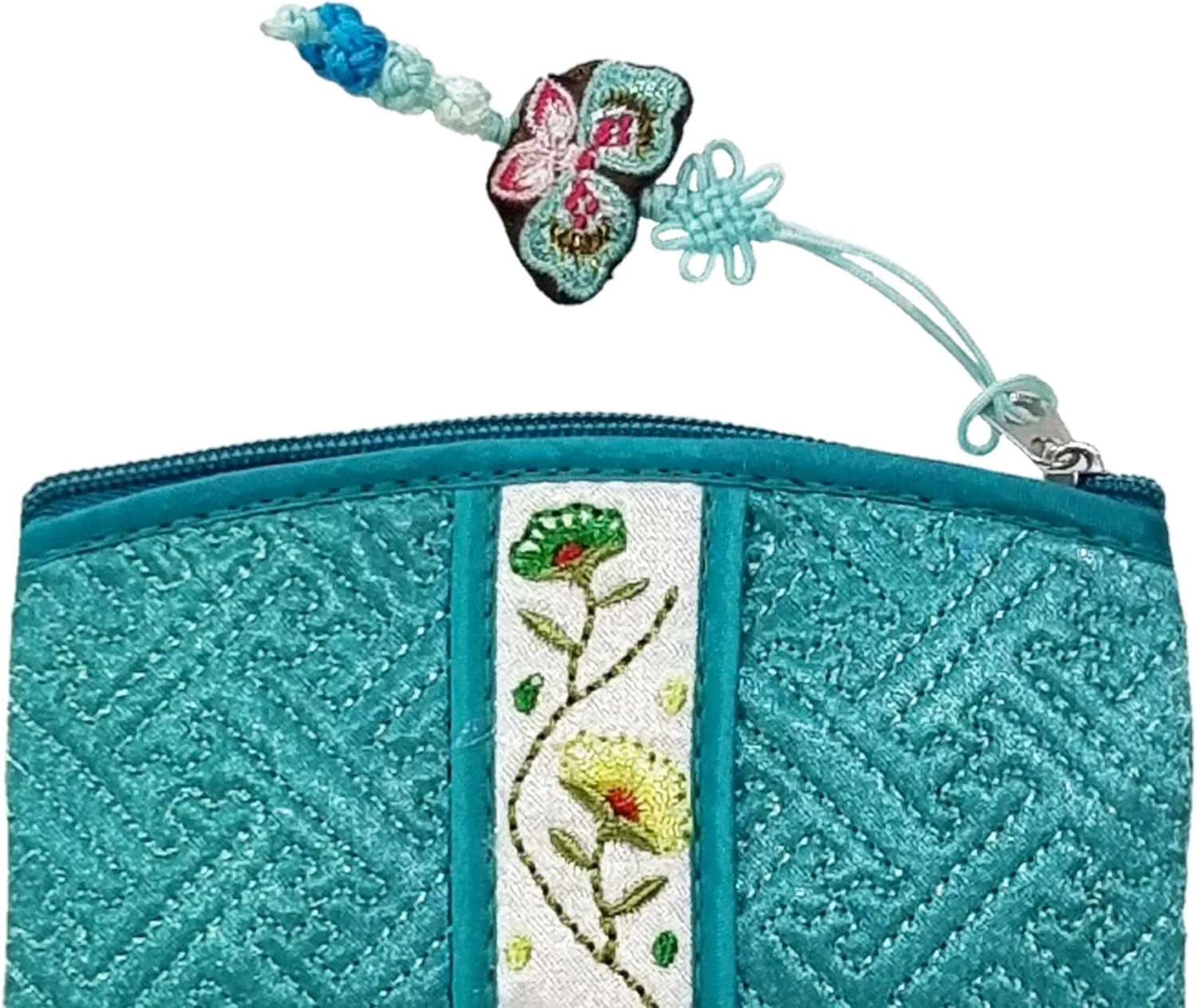 Seoulful Vintage Korean Embroidered Card Pouch - Wildflower Design Coin Purse with Butterfly Charm (Mint)