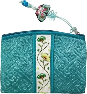Seoulful Vintage Korean Embroidered Card Pouch - Wildflower Design Coin Purse with Butterfly Charm (Mint)