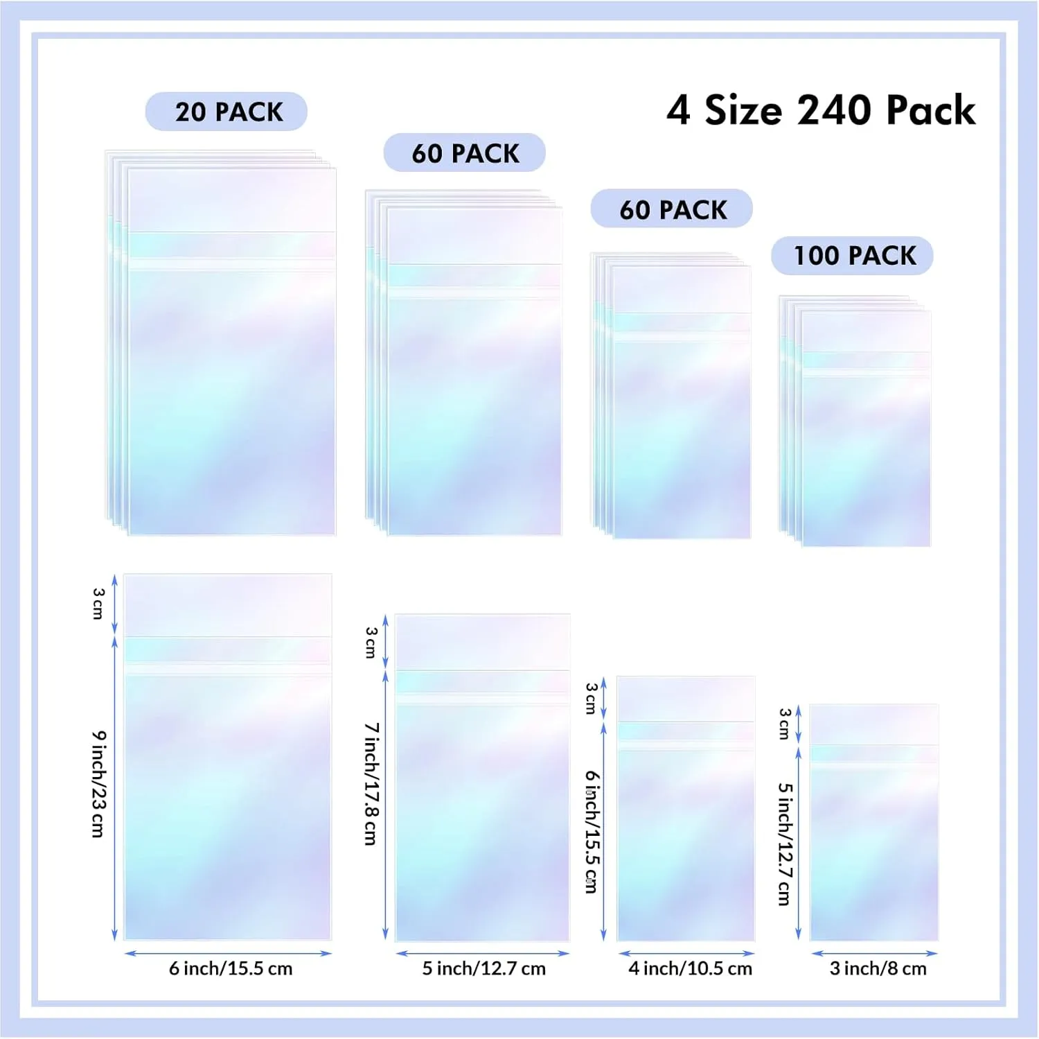 Sepamoon 4 Size 240 Pcs Resealable Reliable Bags Iridescent Holographic Cellophane Treat Bag for Candy Aluminum Foil