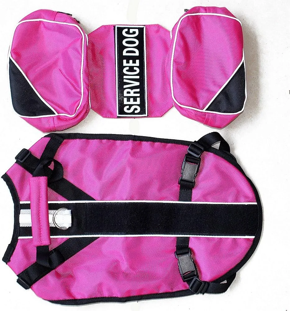 Service Dog Backpack Harness Vest Removable Saddle Bags with Label Patches(Hot Pink,M)