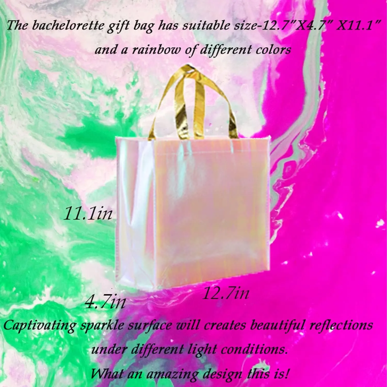 Set of 12 Iridescent Glossy Reusable Grocery Bags Reusable Gift Bags with Handles Bachelorette Bag Non-Woven Bridesmaid Bag for Women Birthday Wedding Party Mother's Day Christmas