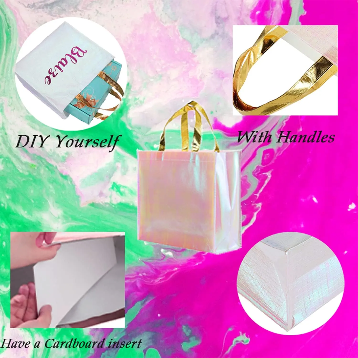 Set of 12 Iridescent Glossy Reusable Grocery Bags Reusable Gift Bags with Handles Bachelorette Bag Non-Woven Bridesmaid Bag for Women Birthday Wedding Party Mother's Day Christmas
