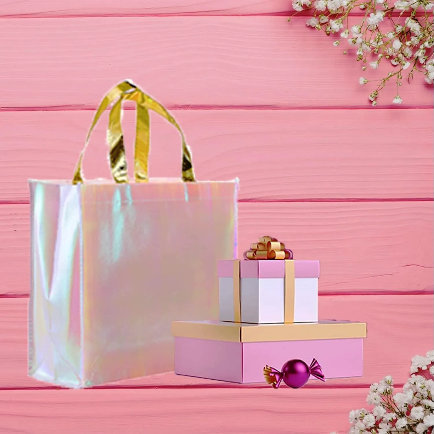 Set of 12 Iridescent Glossy Reusable Grocery Bags Reusable Gift Bags with Handles Bachelorette Bag Non-Woven Bridesmaid Bag for Women Birthday Wedding Party Mother's Day Christmas