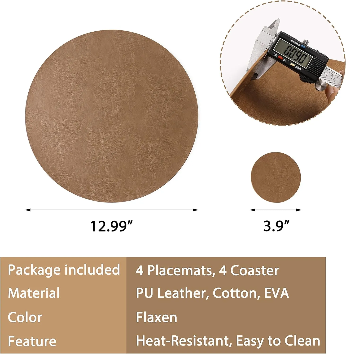 Set of 6 Embossed PU Leather Placemats, Waterproof Coffee Coasters, Kitchen Table Mats, Easy to Wipe Off for Dining Round Table