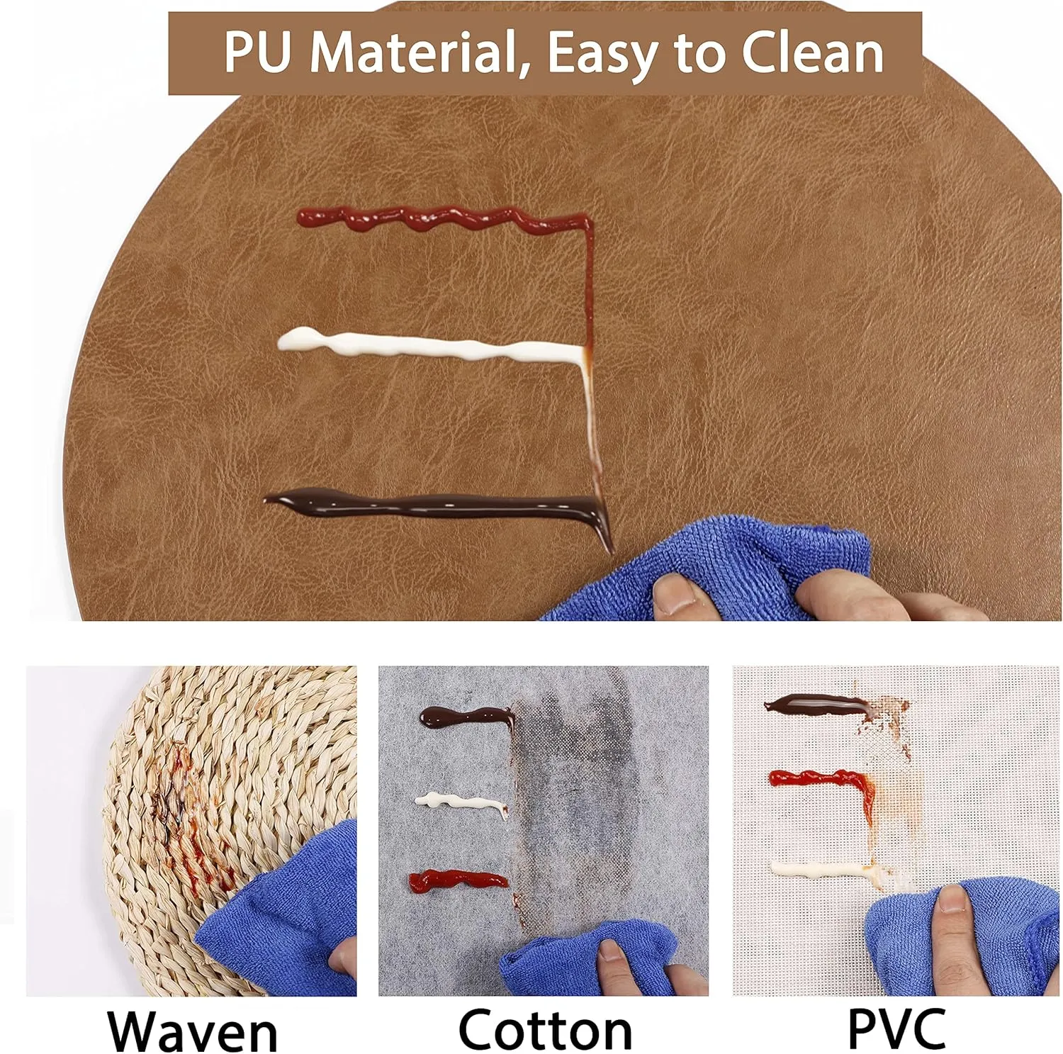 Set of 6 Embossed PU Leather Placemats, Waterproof Coffee Coasters, Kitchen Table Mats, Easy to Wipe Off for Dining Round Table