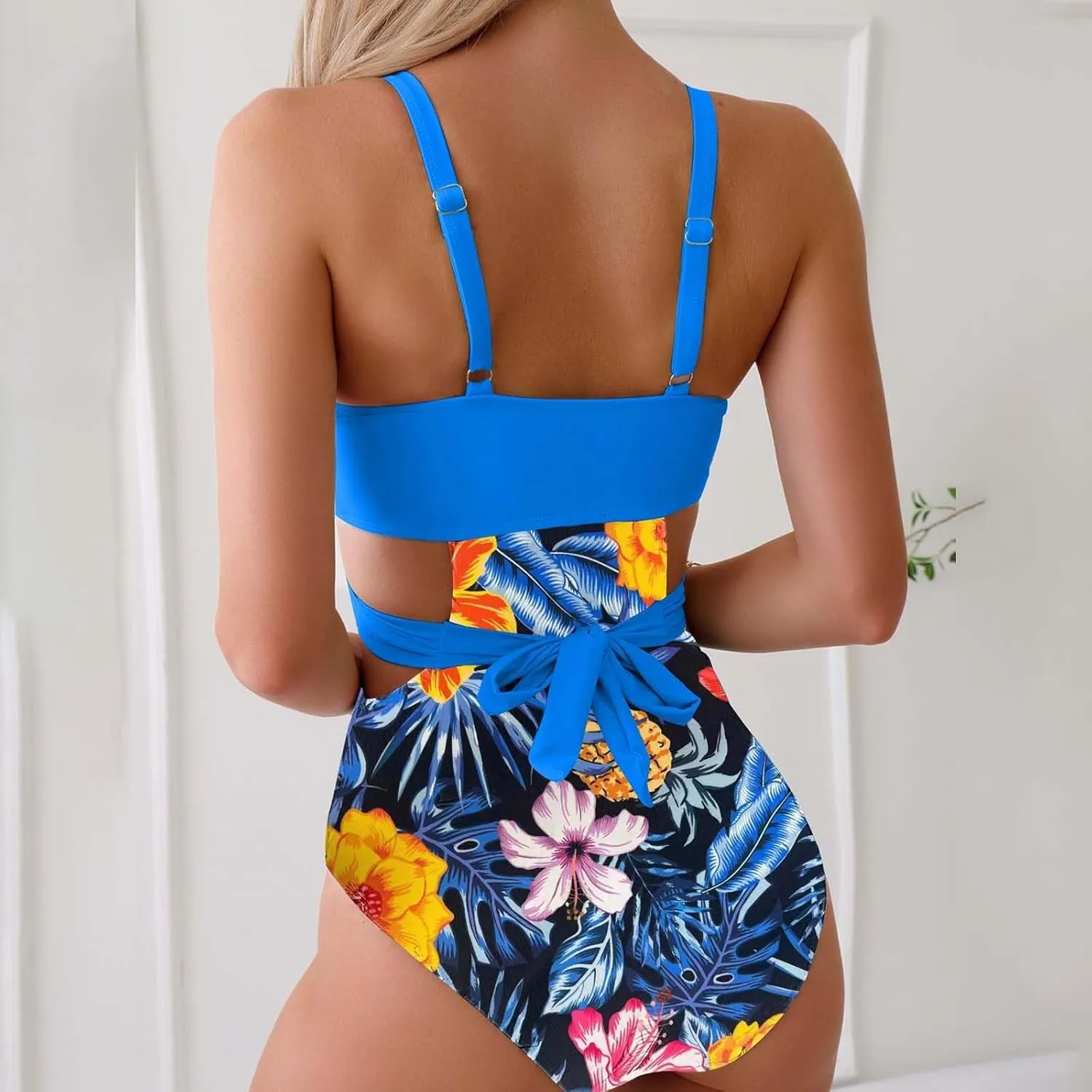 Sexy Swimsuits for Women Tummy Control Floral Print Cutout Waist Crew Neck Bathing Suit Push up One Piece Swimwear