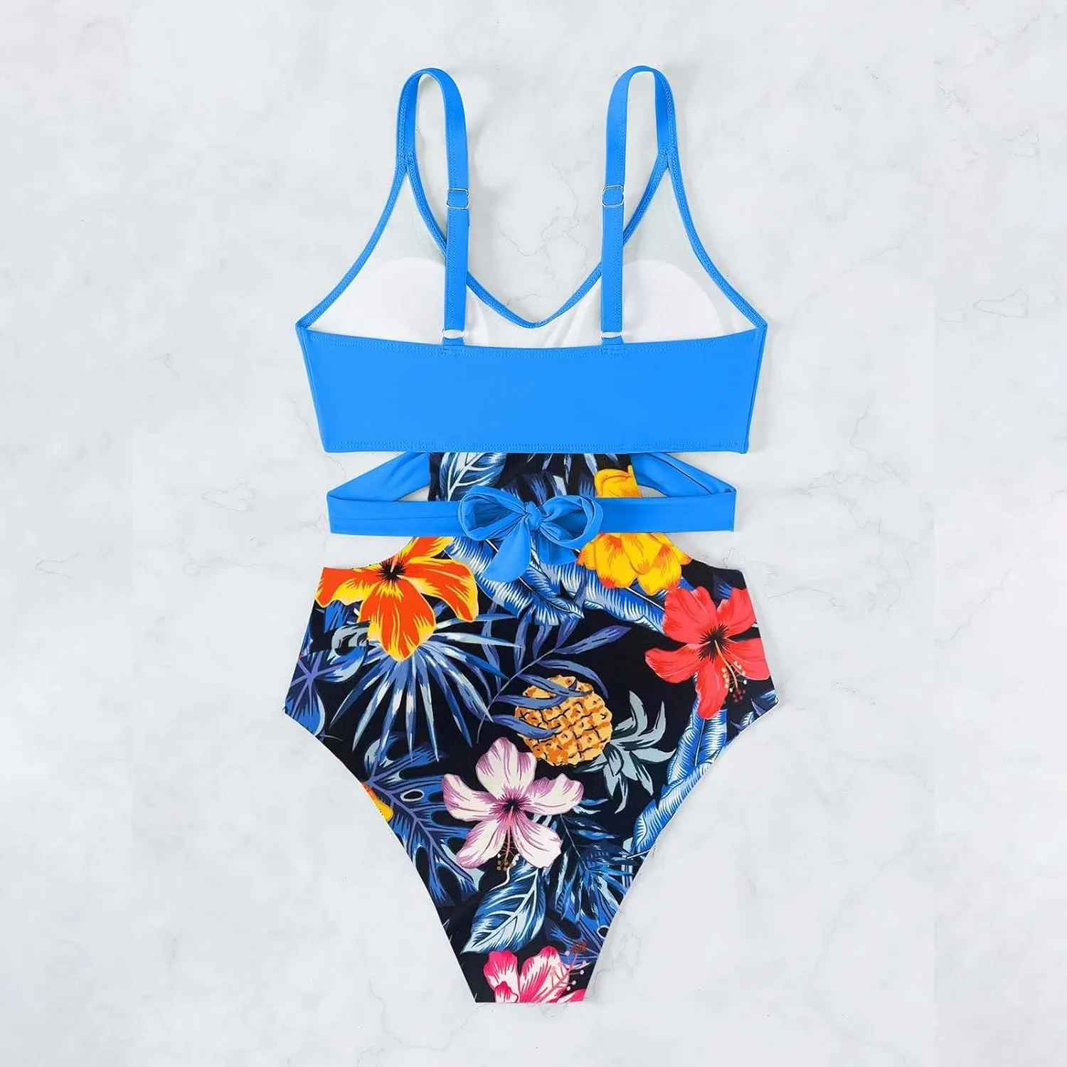 Sexy Swimsuits for Women Tummy Control Floral Print Cutout Waist Crew Neck Bathing Suit Push up One Piece Swimwear