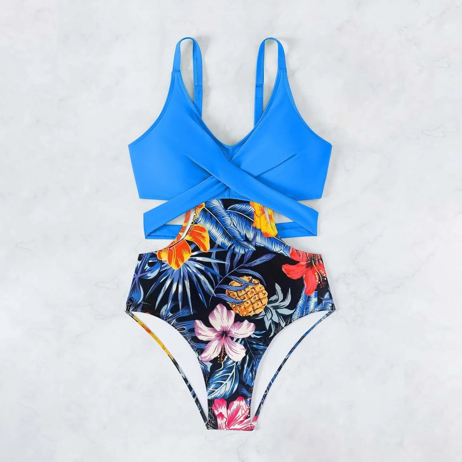 Sexy Swimsuits for Women Tummy Control Floral Print Cutout Waist Crew Neck Bathing Suit Push up One Piece Swimwear