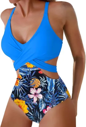 Sexy Swimsuits for Women Tummy Control Floral Print Cutout Waist Crew Neck Bathing Suit Push up One Piece Swimwear