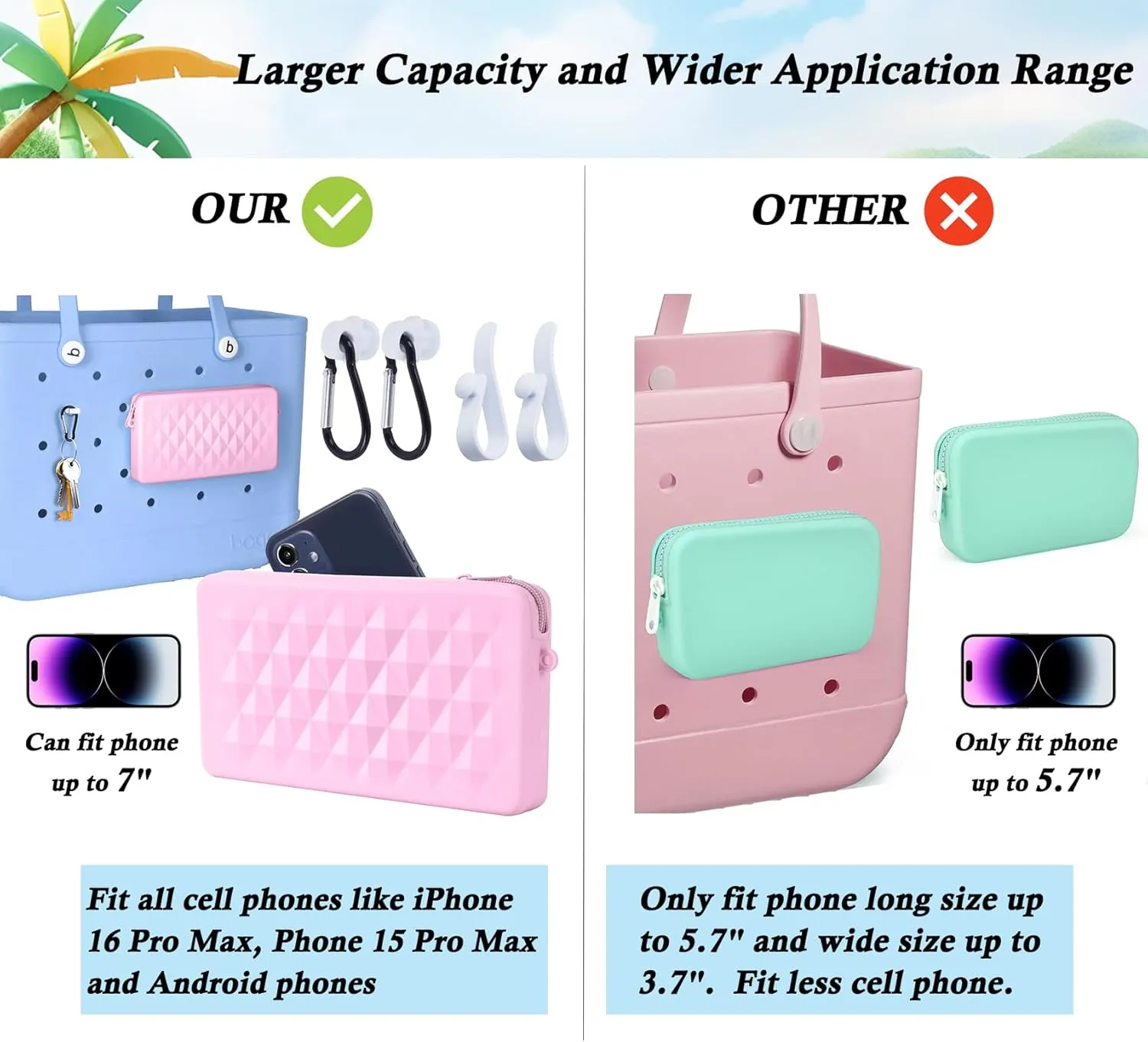 Silicone Pouch for Bogg Bag Accessories, Universal Cell Phone Holder for Bogg Bag, Zipper Pouch with 4 Hooks Compatible with Simple Modern Beach Tote XL/L Pink