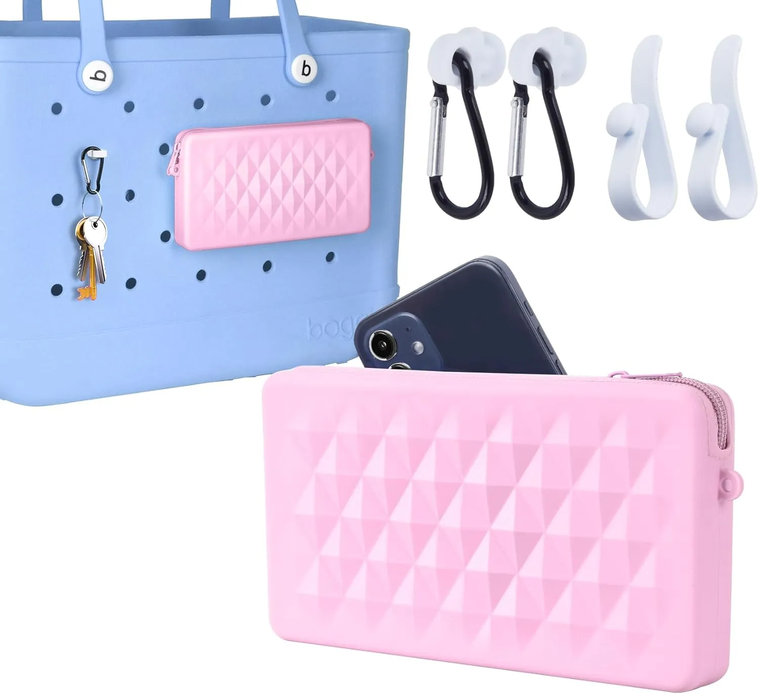 Silicone Pouch for Bogg Bag Accessories, Universal Cell Phone Holder for Bogg Bag, Zipper Pouch with 4 Hooks Compatible with Simple Modern Beach Tote XL/L Pink