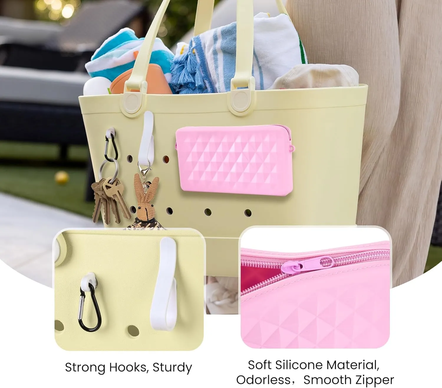 Silicone Pouch for Bogg Bag Accessories, Universal Cell Phone Holder for Bogg Bag, Zipper Pouch with 4 Hooks Compatible with Simple Modern Beach Tote XL/L Pink