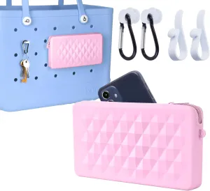 Silicone Pouch for Bogg Bag Accessories, Universal Cell Phone Holder for Bogg Bag, Zipper Pouch with 4 Hooks Compatible with Simple Modern Beach Tote XL/L Pink