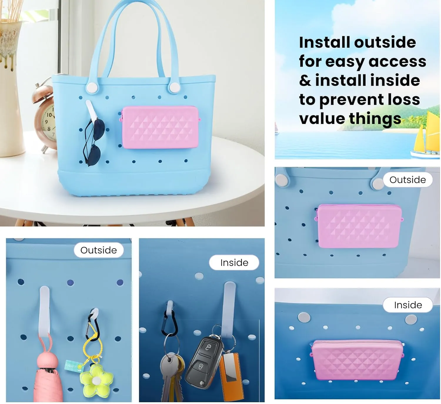 Silicone Pouch for Bogg Bag Accessories, Universal Cell Phone Holder for Bogg Bag, Zipper Pouch with 4 Hooks Compatible with Simple Modern Beach Tote XL/L Pink