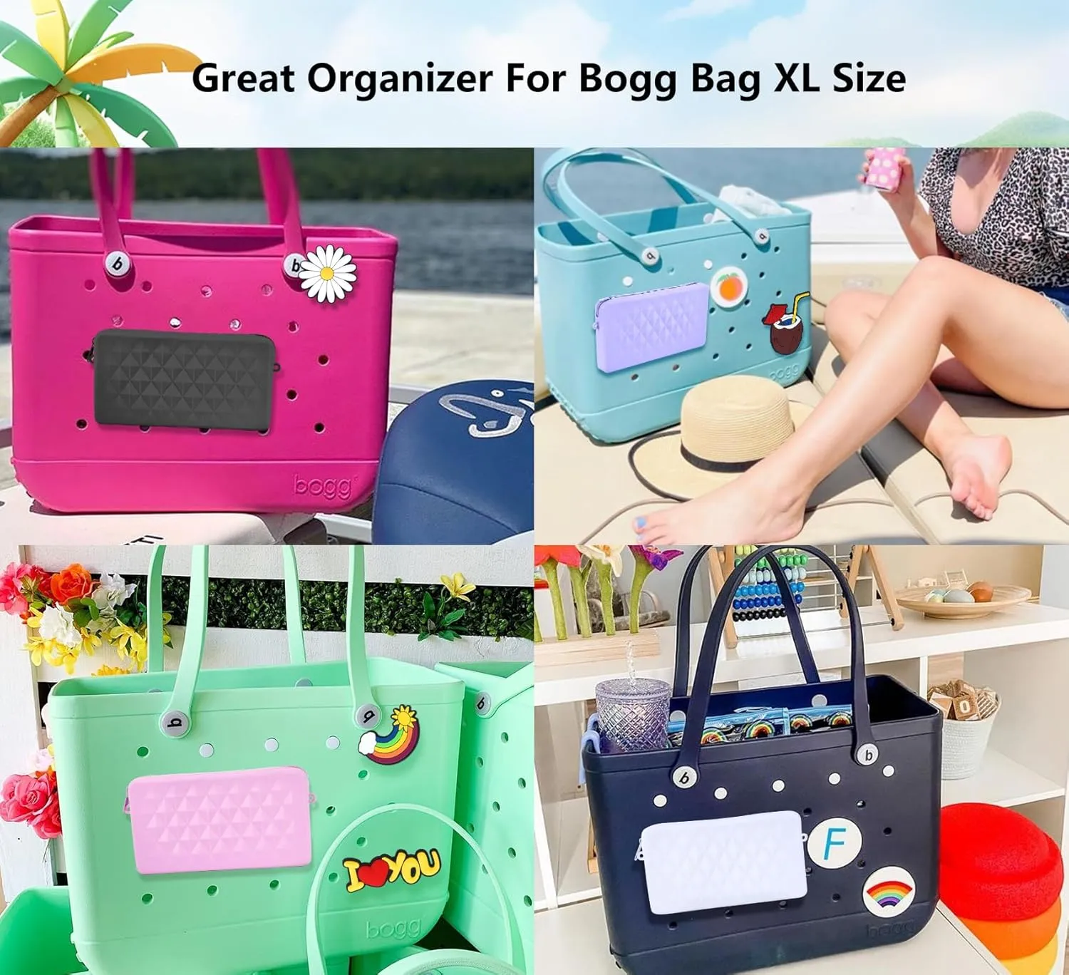 Silicone Pouch for Bogg Bag Accessories, Universal Cell Phone Holder for Bogg Bag, Zipper Pouch with 4 Hooks Compatible with Simple Modern Beach Tote XL/L Pink