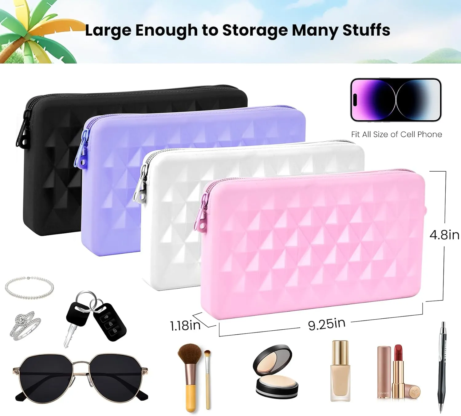 Silicone Pouch for Bogg Bag Accessories, Universal Cell Phone Holder for Bogg Bag, Zipper Pouch with 4 Hooks Compatible with Simple Modern Beach Tote XL/L Pink