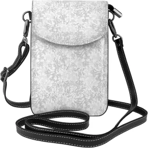 Silver Grey Seaweed Texture Print Small Crossbody Bags for Women Leather Cell Phone Purses Mini Leather Shoulder Handbag Adjustable Strap