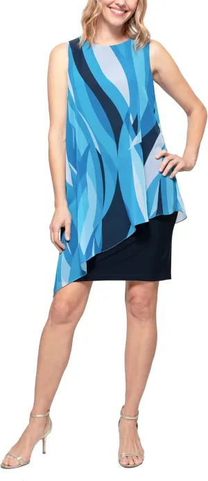 S.L. Fashions Women's Sleeveless Print Asymmetric Chiffon Overlay Dress