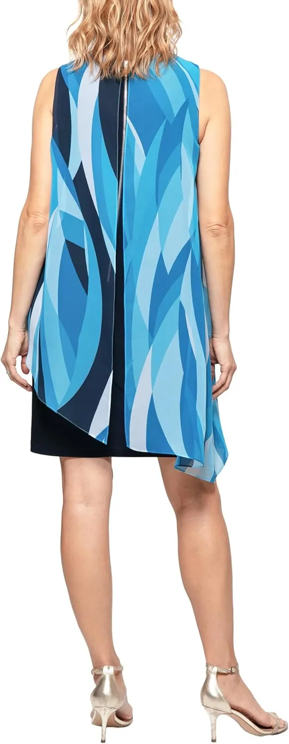 S.L. Fashions Women's Sleeveless Print Asymmetric Chiffon Overlay Dress